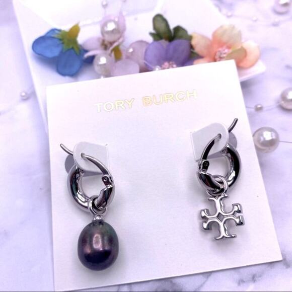 Tory Burch Jewelry - NWOT Tory Burch Silver Mix Match Gun Metal Pearl Hoop Earrings